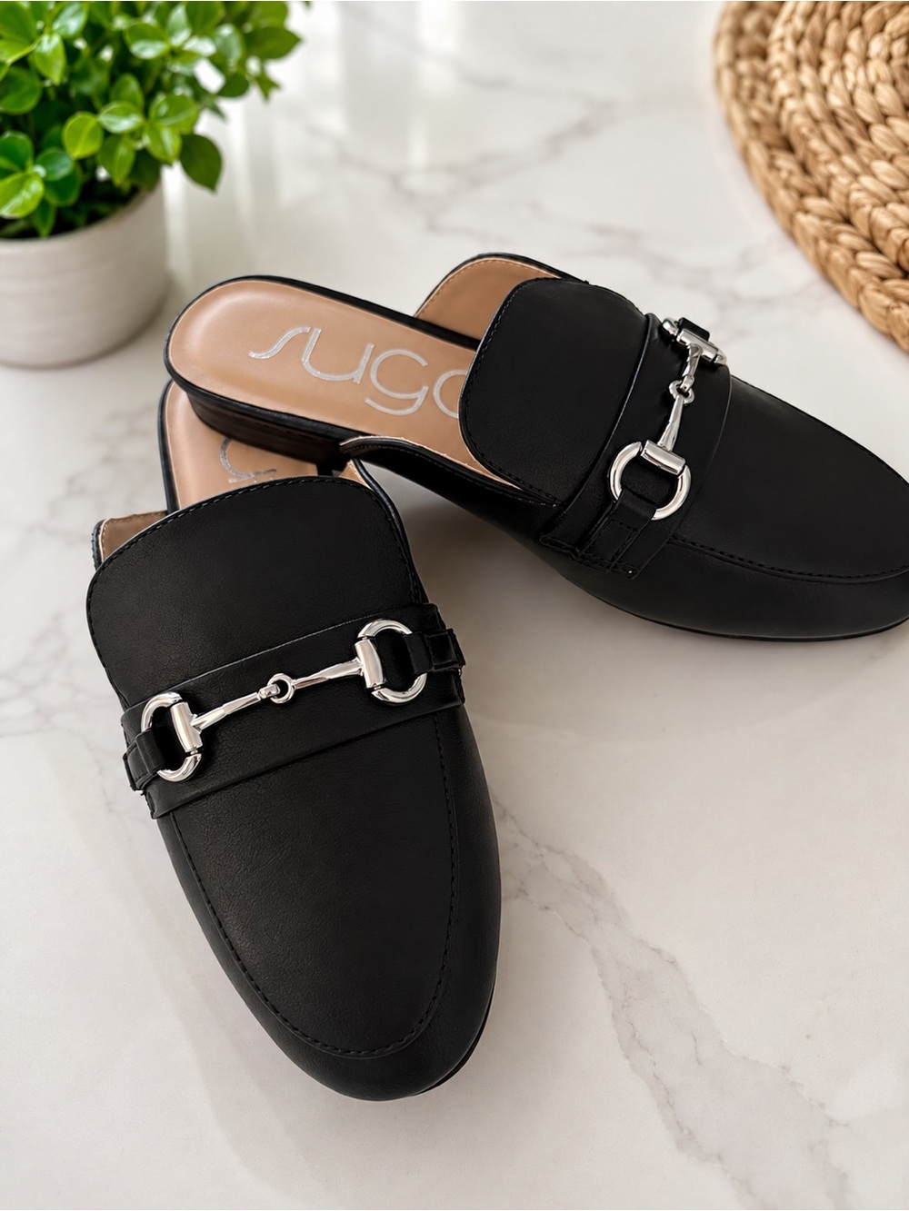 Black Slip-On Mule Loafers with Silver Horse-Bit Hardware